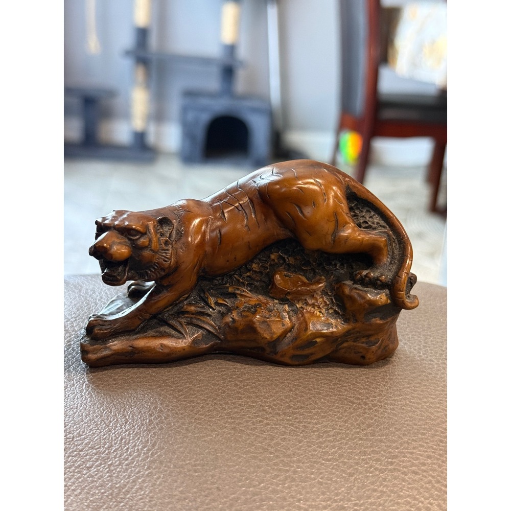 Vintage Hand Carved Wood Tiger Figurine Prowling Animal Sculpture Brown